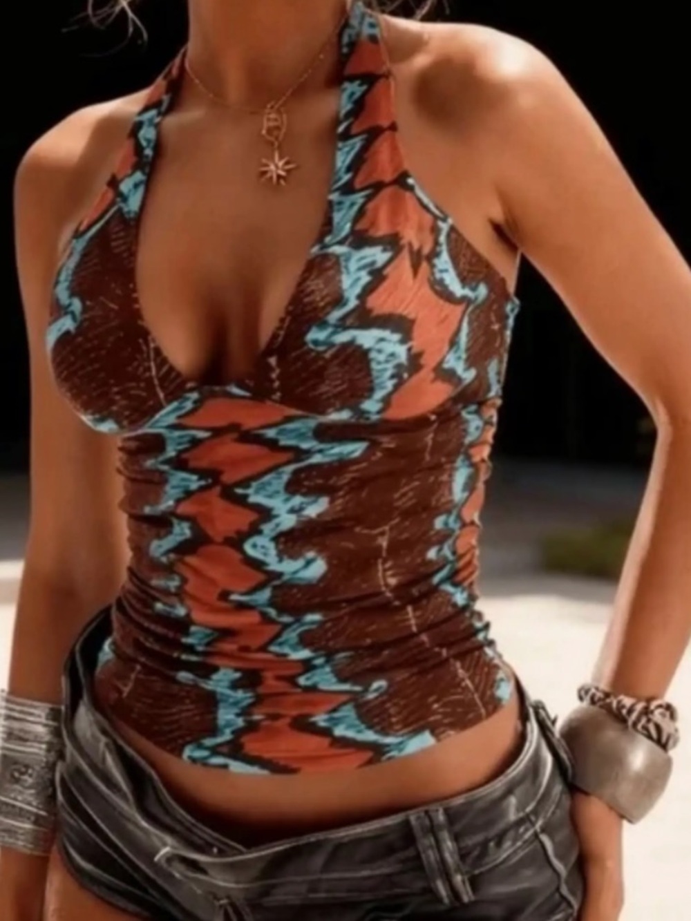 SHEIN Rust Brown and Turquoise Zigzag Halter Crop Top